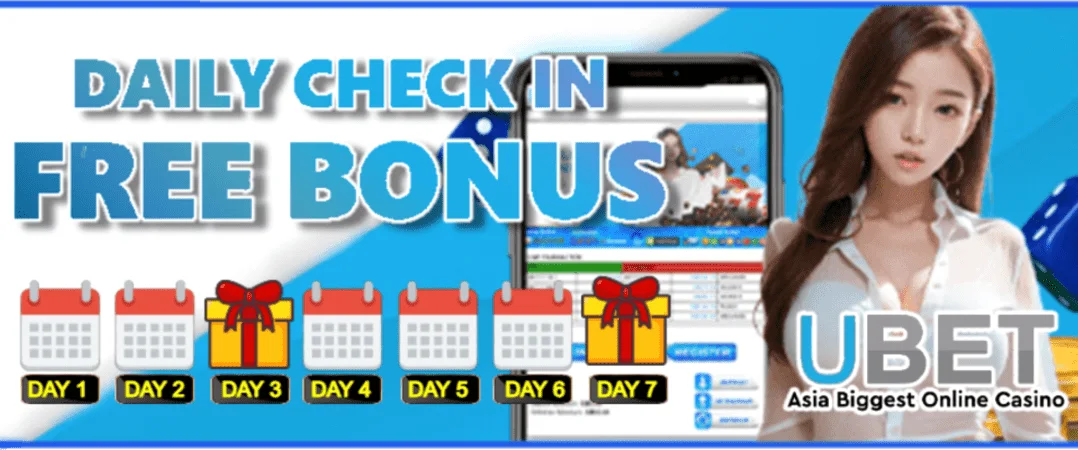 Daily check-in free bonus promotion with calendar icons and mobile app preview.
