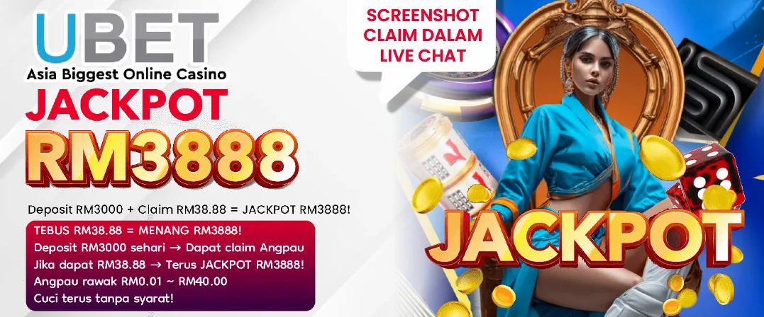 Jackpot offer promo showing RM3888 prize with deposit and claim conditions.