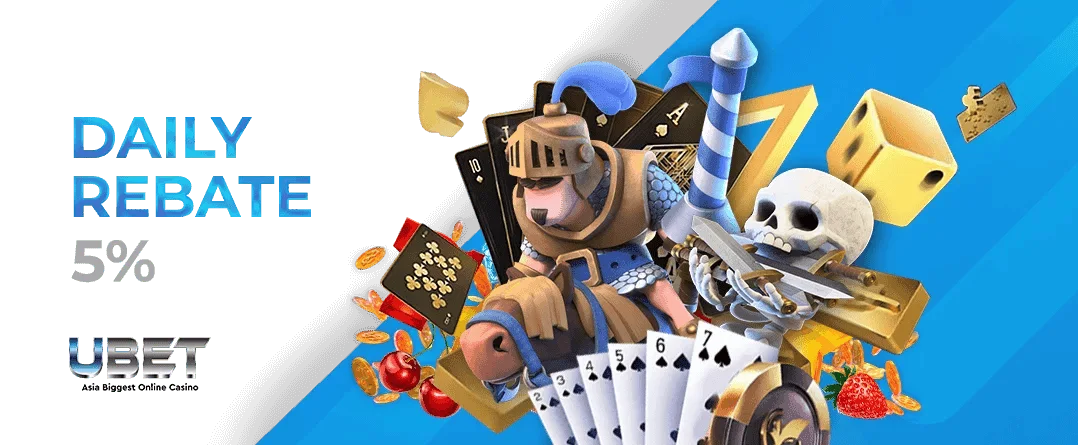 Promo graphic for 5% daily rebate with cartoon characters and casino items