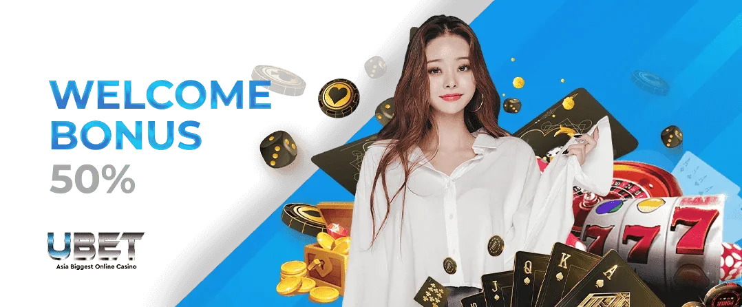 Promo graphic for 50% welcome bonus with woman and casino symbols